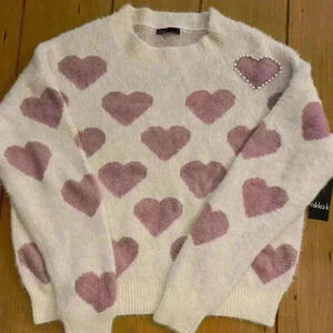 Womens Cottagecore Heart Pink Cream Pearl Crewneck Pullover Soft New Sweater L